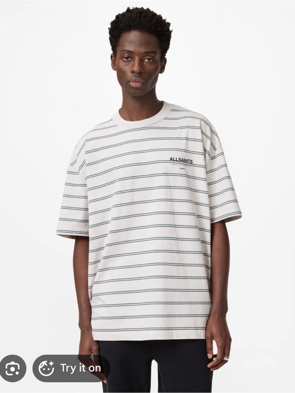 USED AllSaints Men’s “Underground” Striped Short Sleeve Tee (Oversized Small)